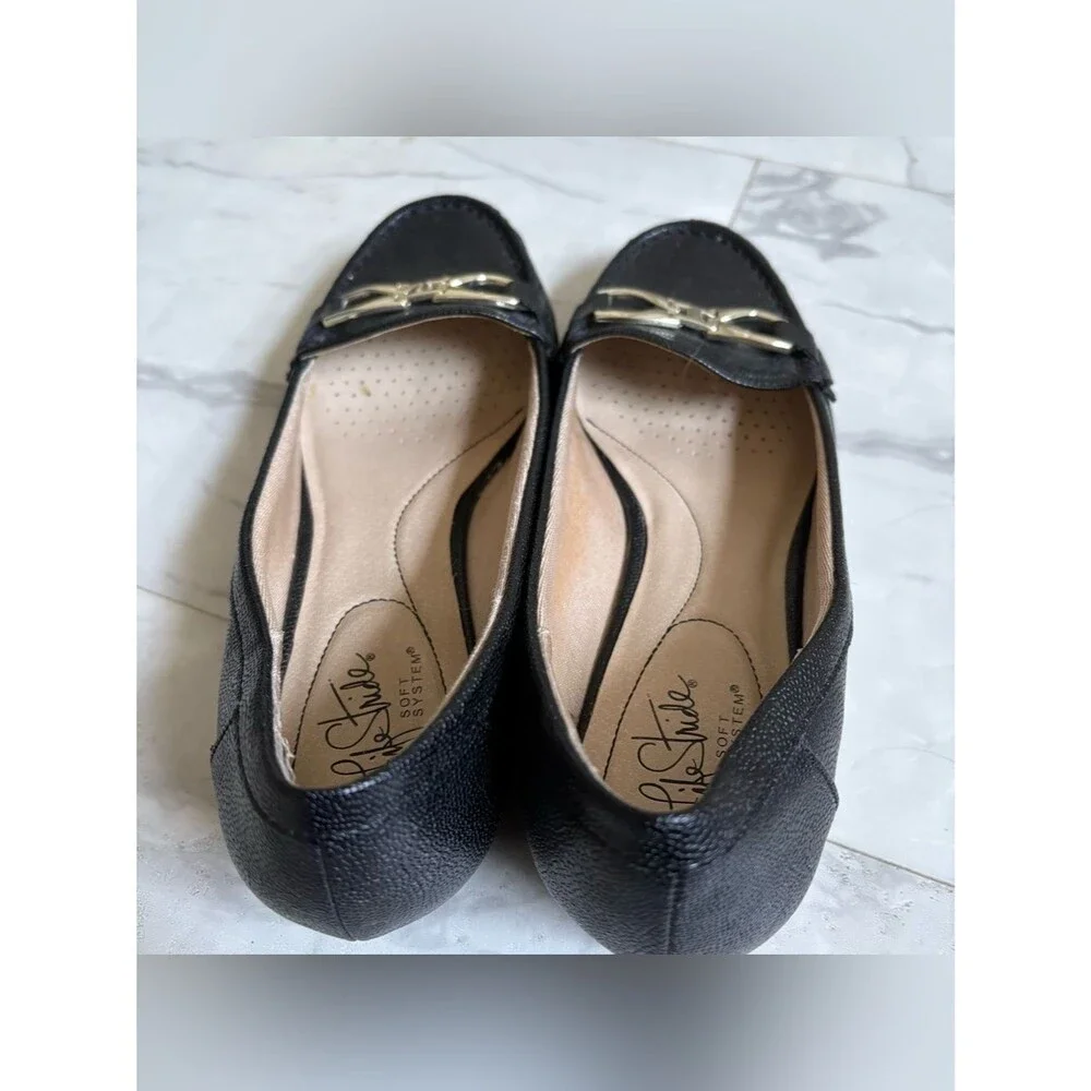 Life Stride Black Leather Loafers with Silver Accent Hardware Size 9.5